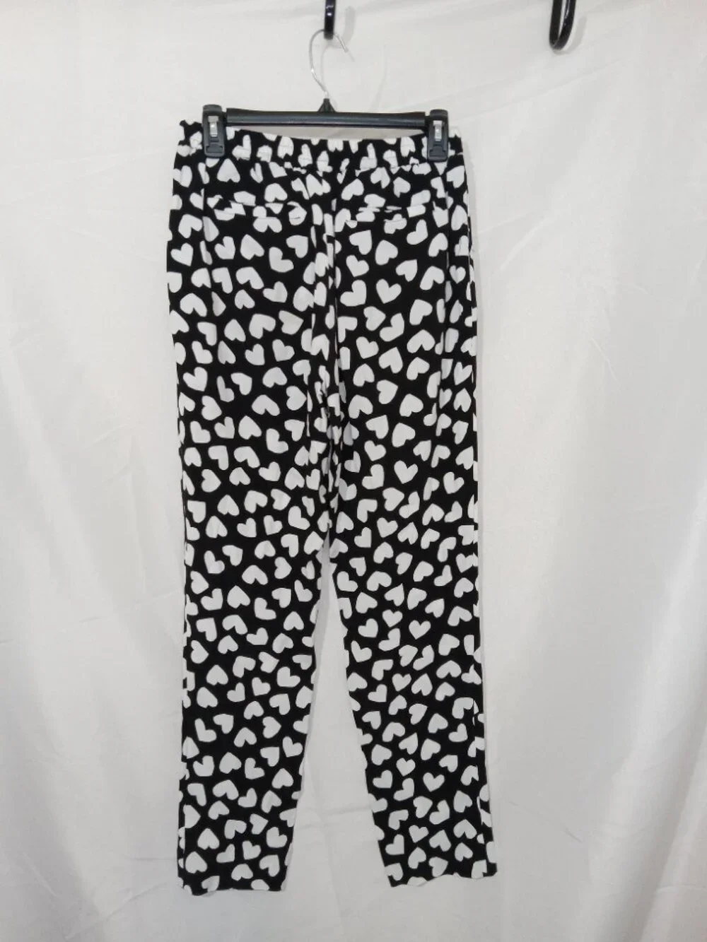 Kate Spade Dancing Hearts Pants XS Black White Heart Print Elastic Waist Bow Vis